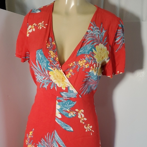 Leith Floral Print Maxi Red Dress Short Flutter Sleeves, Size S - Picture 3 of 11